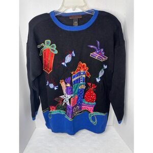 Yarnworks Vintage Womens Large Black Embroidered Presents Ugly Christmas Sweater